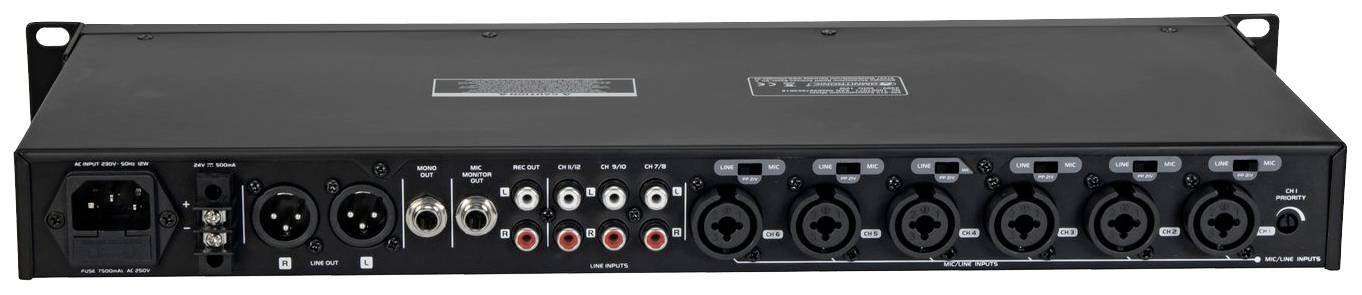 Zadní strana audio rozhraní s několika XLR a jack vstupy, RCA konektory, napájecím konektorem a síťovým vypínačem.