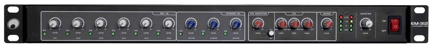 Panel audioprocesorů s několika ovladači a LED indikátory, které řídí různé zvukové kanály.