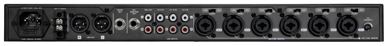 Zadní strana audiozařízení s různými konektory pro XLR, linkový vstup a RCA. Ideální pro studiové sestavy nebo profesionální audio nahrávky.