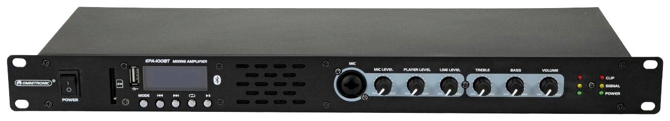 Audio mixér s ovládacími tlačítky, LED indikátory a připojovacími rozhraními. Zařízení ve formátu rack, vhodné pro audiovýstupní aplikace.