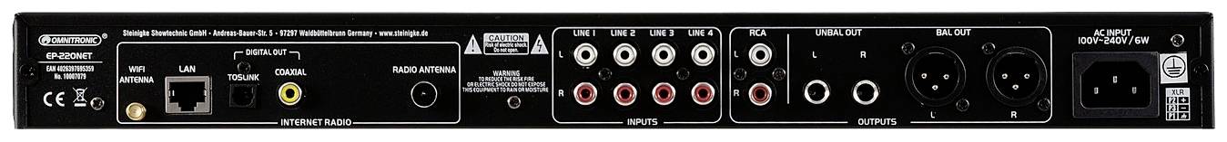 Zadní pohled na audio zařízení s ethernetovým připojením, digitálními a analogovými audio vstupy, XLR konektory a napájecím připojením.