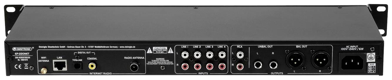 Zadní strana zvukového zařízení s různými konektory: LAN, USB, optický vstup, XLR a RCA. Napájecí konektor vpravo.