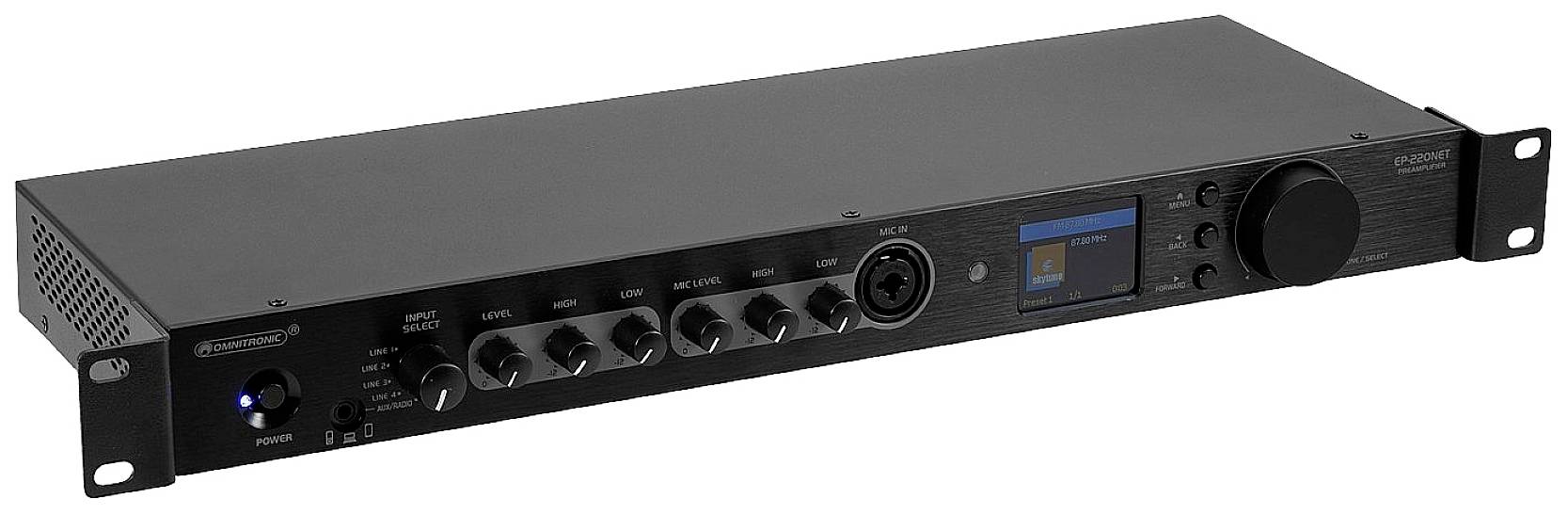 Černé audio rozhraní s několika otočnými ovladači, displejem a konektory na přední straně. Ideální pro hudební produkci.