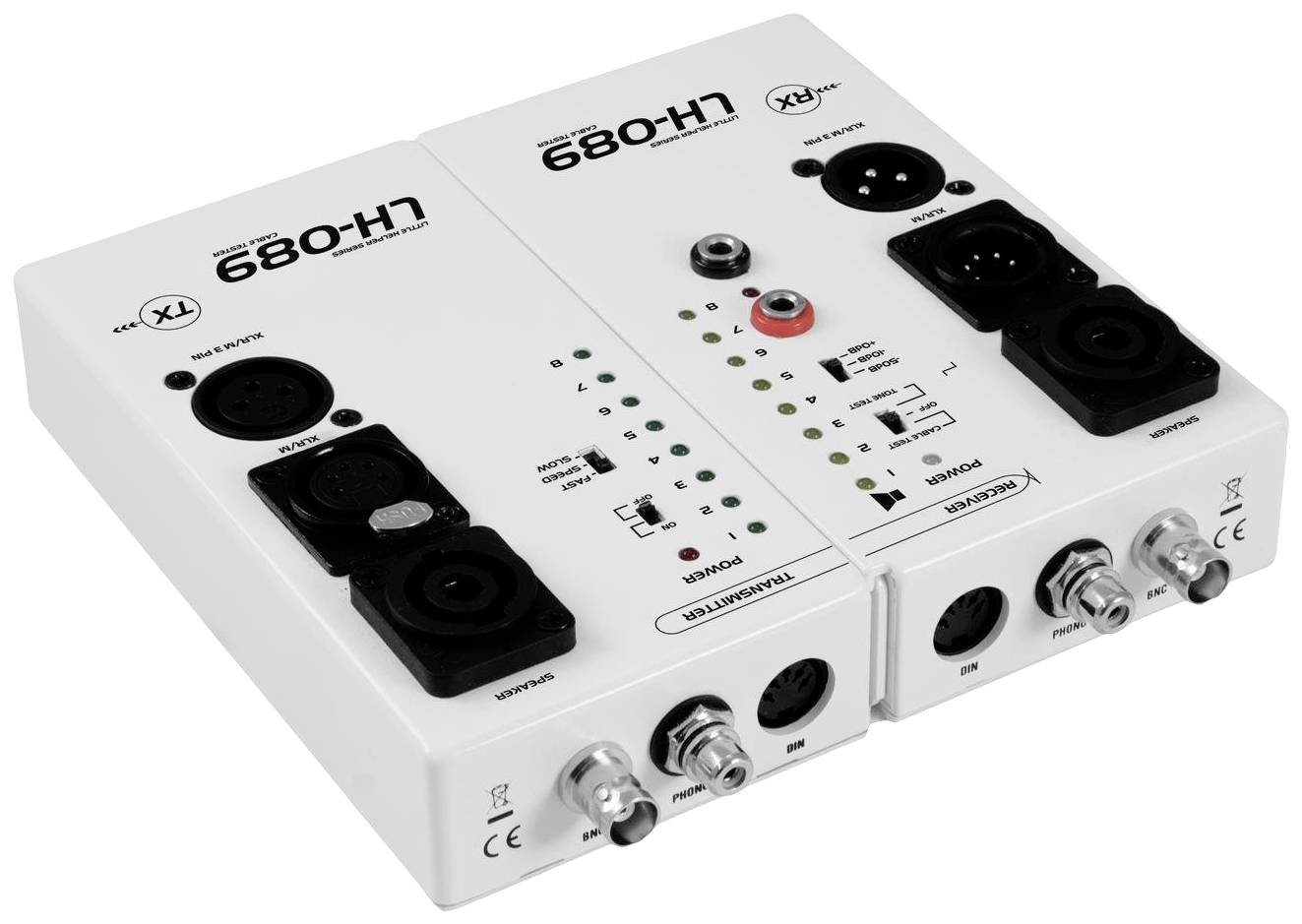 Dva bílé audio přístroje s několika XLR a BNC konektory. Vlevo jsou vysílací jednotky, vpravo přijímací jednotky.