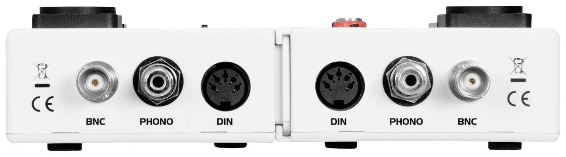 Dva audio konektory s popiskami 'BNC', 'PHONO' a 'DIN'. Každé pole má tři připojovací zdířky.