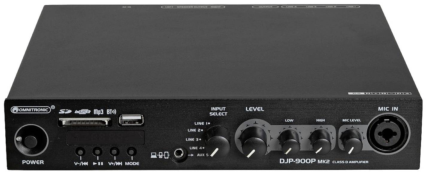 'Omnitronic DJP-900P MK2 zesilovač třídy D' s přepínačem vstupu, regulátorem úrovně a mikrofonním vstupem.