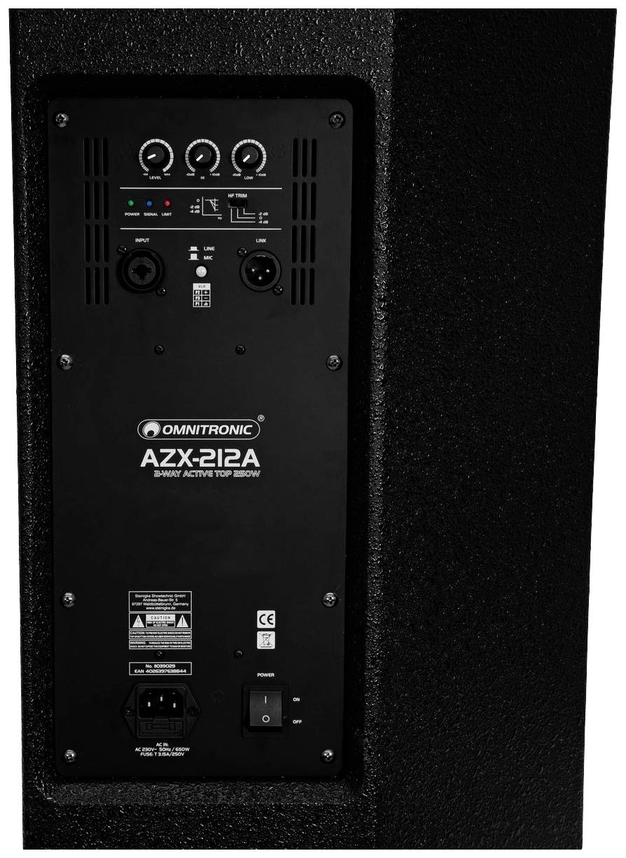 Zadní strana reproduktoru Omnitronic AZX-212A s různými konektory a ovládacími prvky pro nastavení audia.