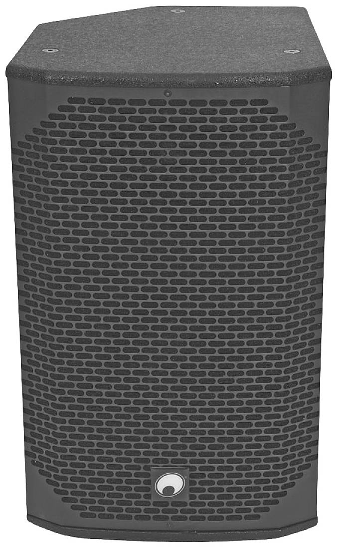 Reproduktorová skříň s černou mřížkou, vhodná pro audio výstup v prostorách akcí nebo pro domácí použití.
