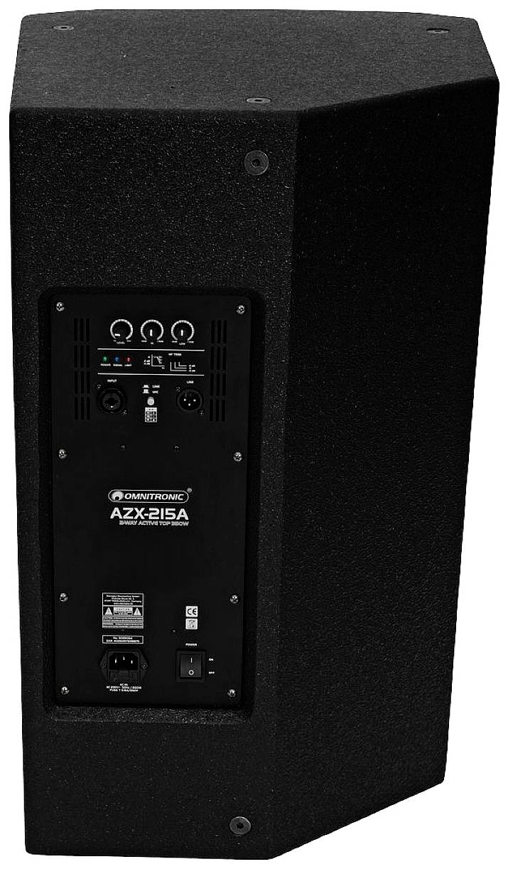 Černý reproduktor s ovládacím panelem, přípojkami a ovladači pro hlasitost a výběr zvuku. Značka: Rhythonic AZX-215A.