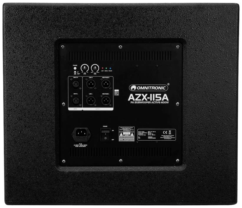 Zadní pohled černého PA subwooferu Omnitronic AZX-115A s několika možnostmi připojení a ovládacími prvky.
