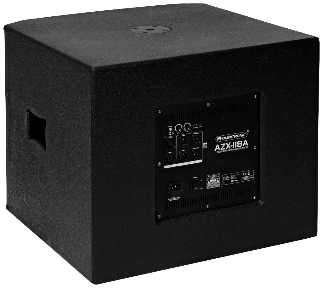 Černý reproduktor Omnitronic AZX-118A s ovládacími prvky a přípojkami na přední straně, vhodný pro nastavení audiosystému.