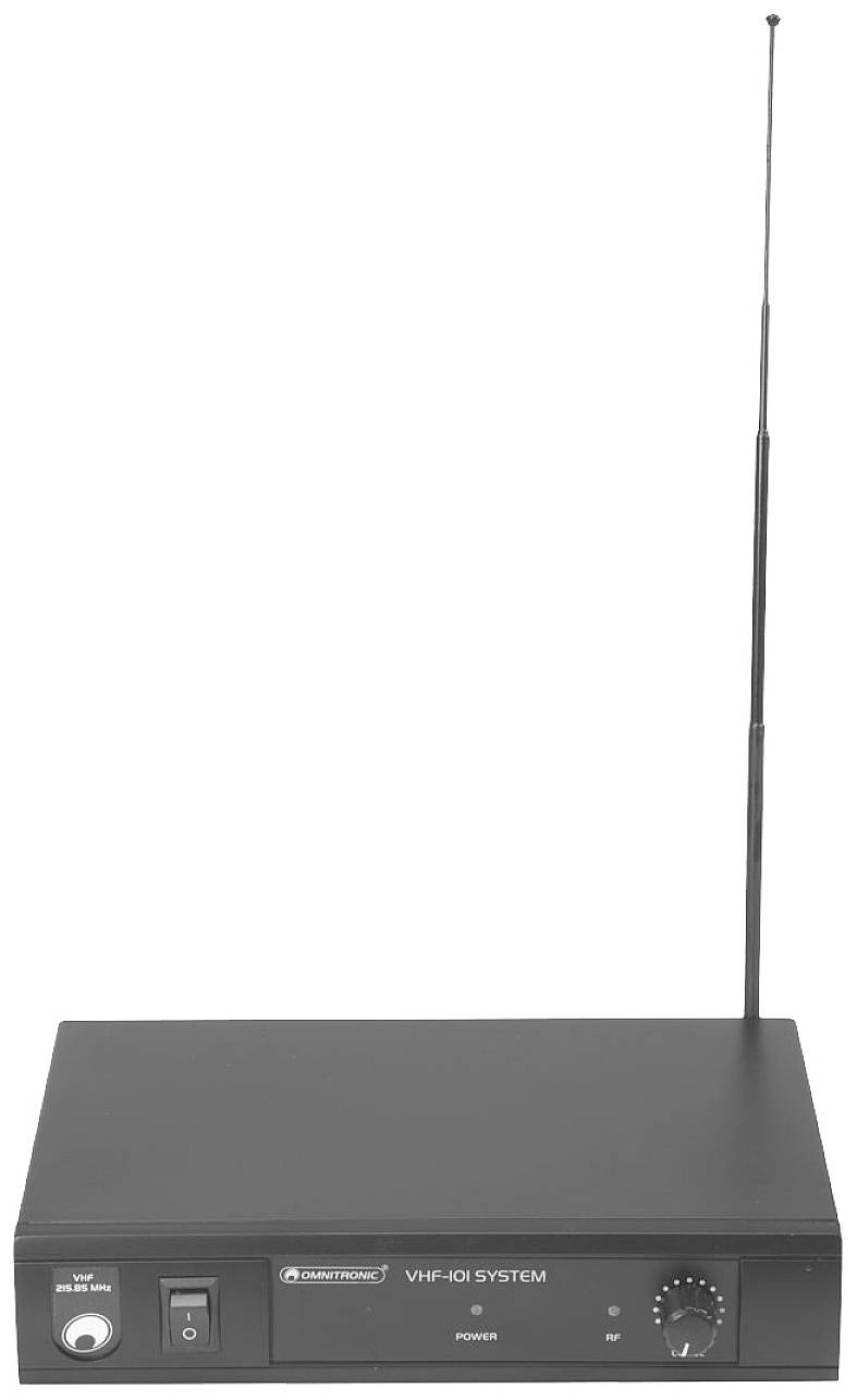 Černý VHF bezdrátový mikrofonový systém s anténou, předním přepínačem a konektorem, označený štítkem "VHF-301 System; Power, RF".