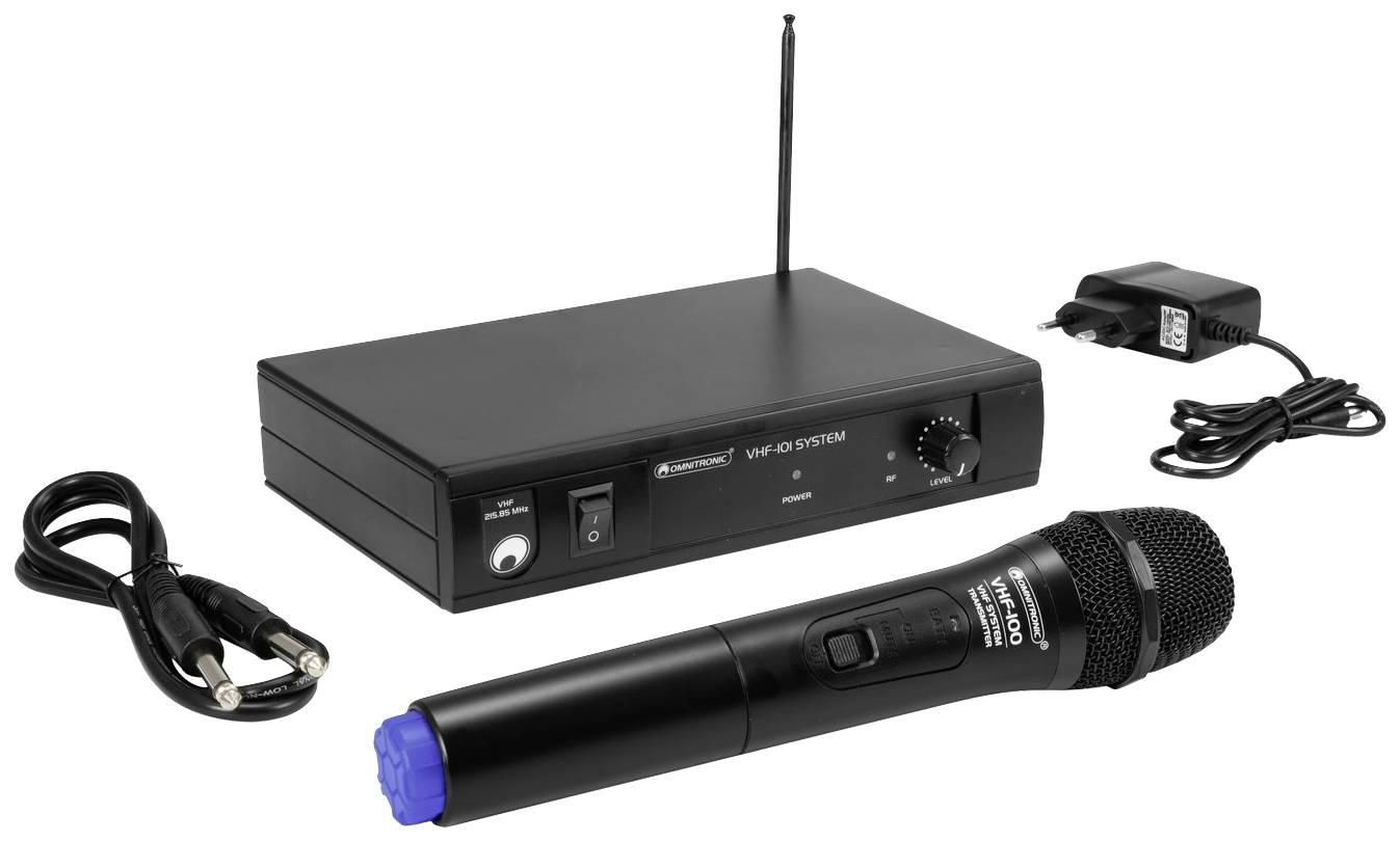 Bezdrátová mikrofonní sada s přijímačem, ručním mikrofonem, síťovým kabelem a audio kabelem. Používá se pro bezdrátový přenos řeči nebo zpěvu.