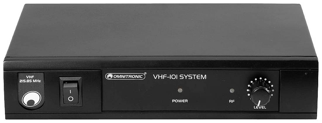 Černý bezdrátový přijímač Omnitronic VHF-101 se systémem ovládání hlasitosti, vypínačem zapnuto/vypnuto a třemi kontrolkami na přední straně.