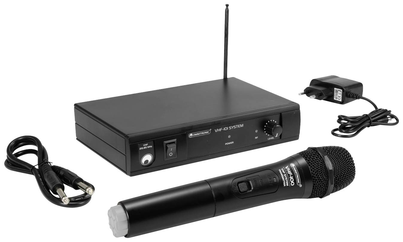 Bezdrátový mikrofonní systém s přijímačem, mikrofonem, napájecím zdrojem a připojovacím kabelem. Primárně používán pro audio přenos.