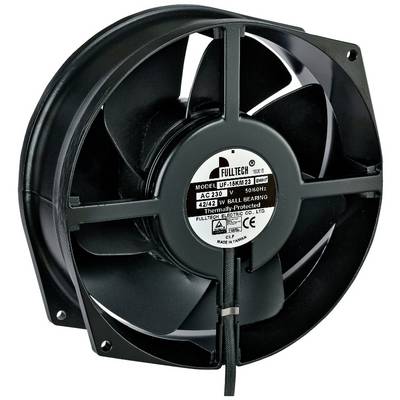 Černý ventilátor s krytem vhodným pro průmyslové použití. Na štítku jsou uvedeny technické specifikace.