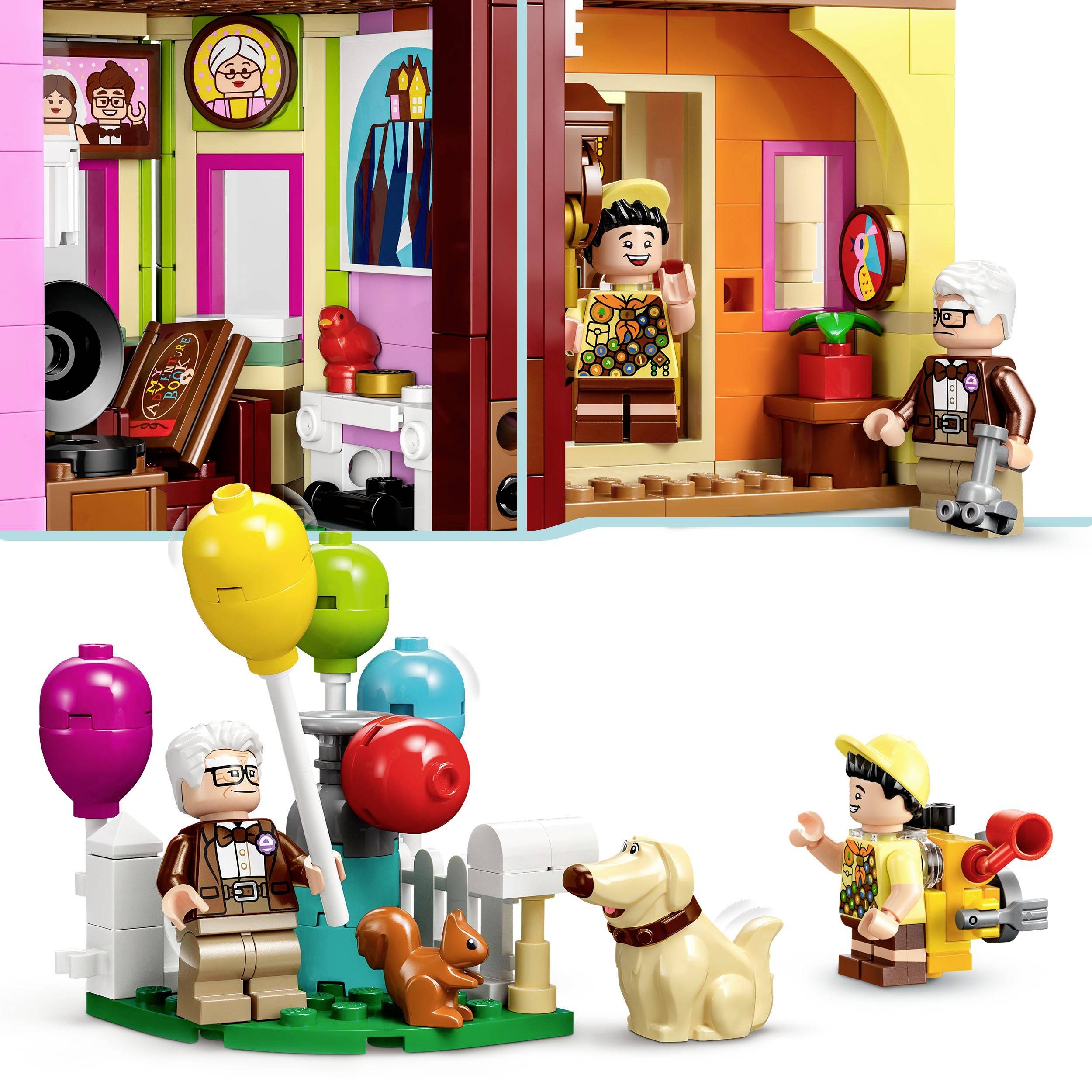 Sada LEGO stavebnice zobrazuje dvě figurky, včetně staršího muže s psem a balónky a ženy v malém obchodě.