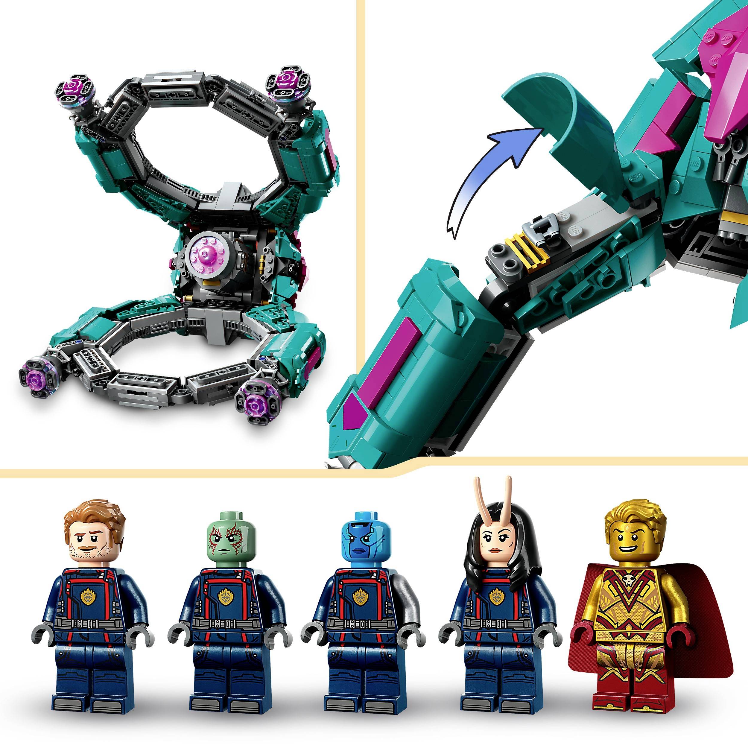 LEGO stavebnice: Pět miniaturních figurek v kostýmech superhrdinů a jeden robot. Nahoře šipka ukazuje pohybovou funkci robota.