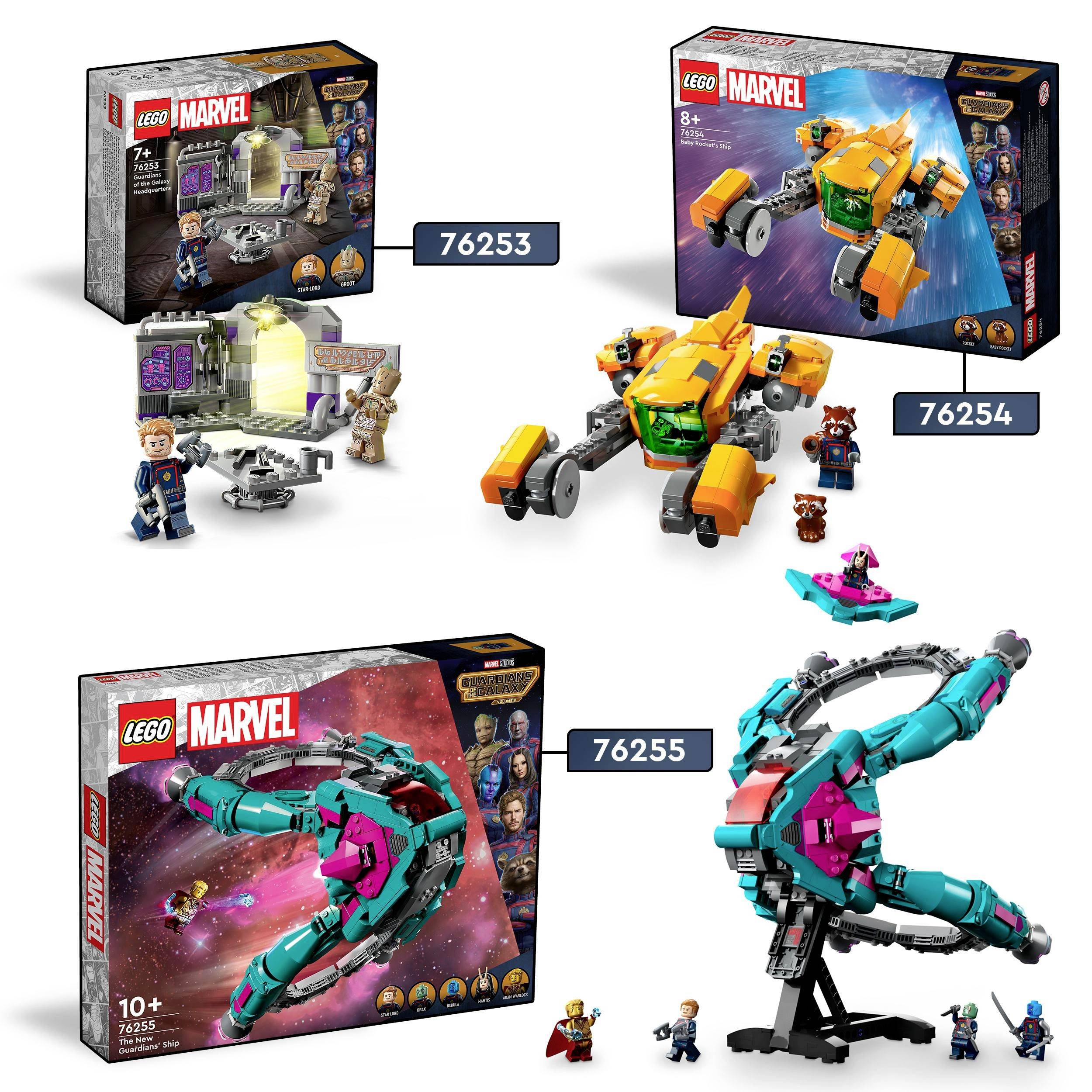 Čtyři LEGO Marvel stavebnice s figurkami a vozidly. Čísla modelů: 76253, 76254, 76255. Obsahuje superhrdiny a vesmírné lodě.