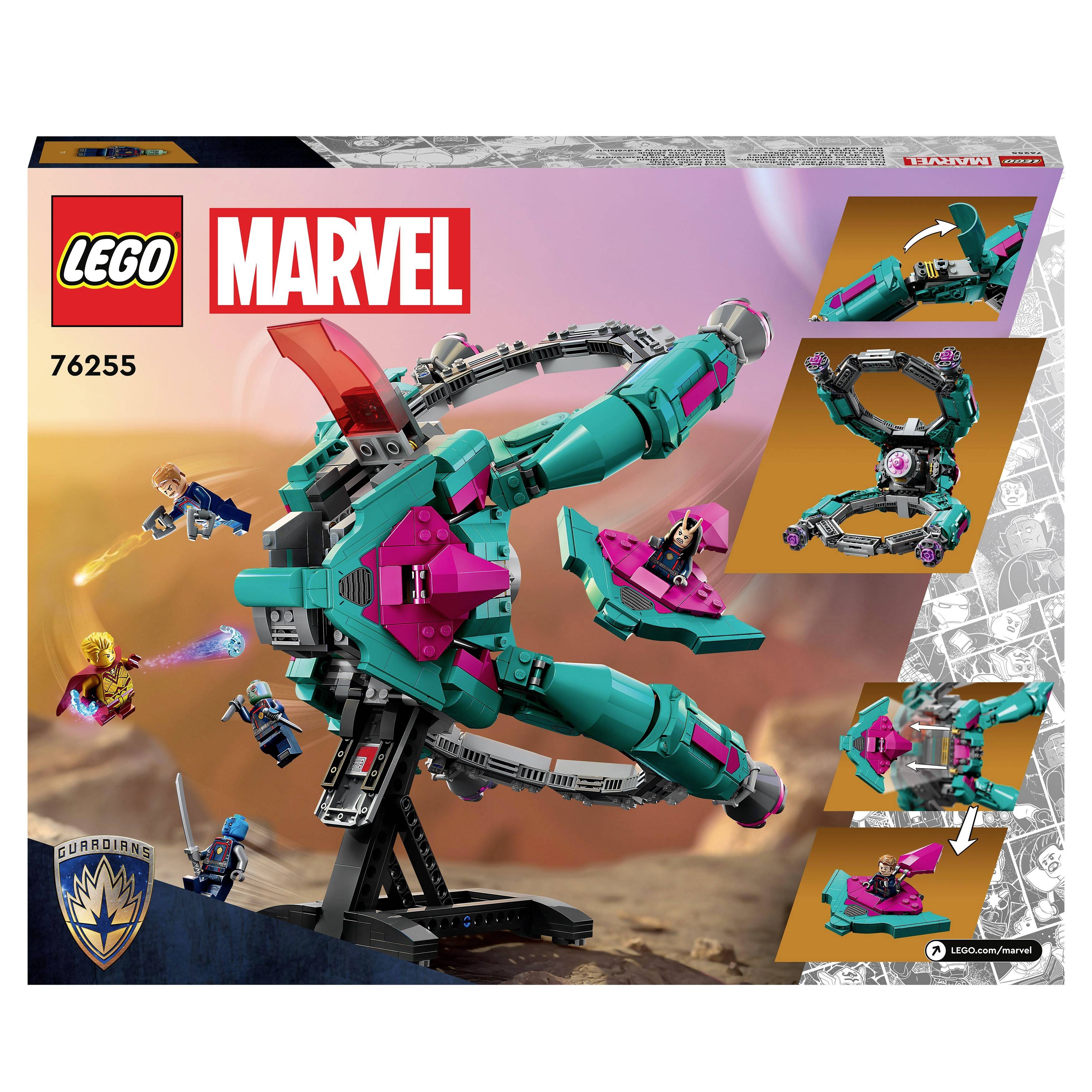 Lego Marvel sada hraček s zelenou, futuristickou vesmírnou lodí. Propojitelná s menšími moduly. Obsahuje postavy v pozadí.
