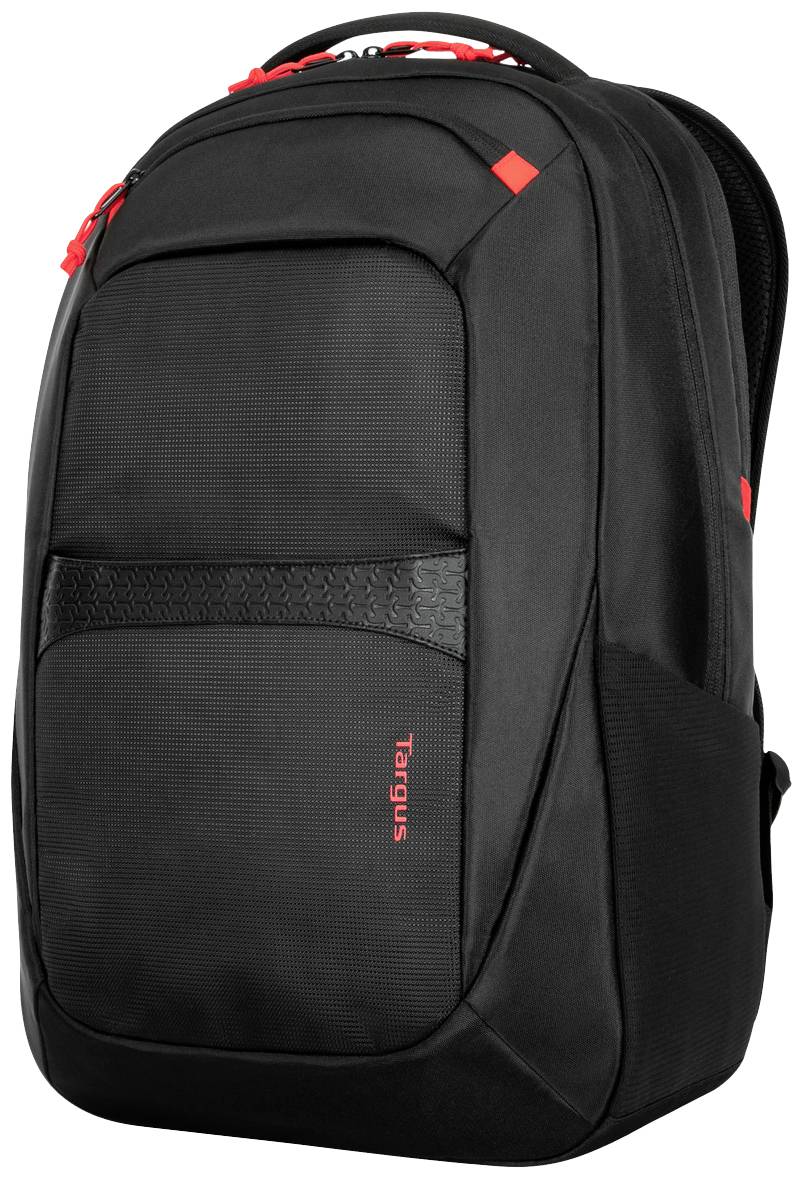 Černý batoh na notebook s několika kapsami a červeným logem na přední straně.