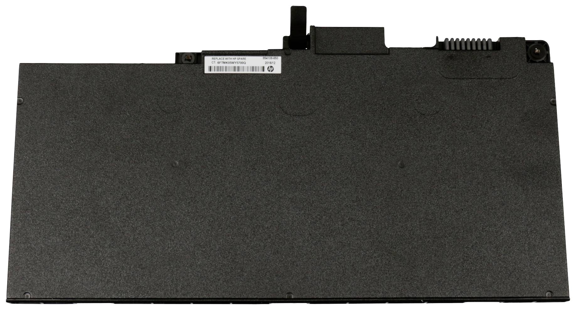 Černý laptop akumulátor, obdélníkového tvaru, s viditelnými kontakty a štítkem nahoře.