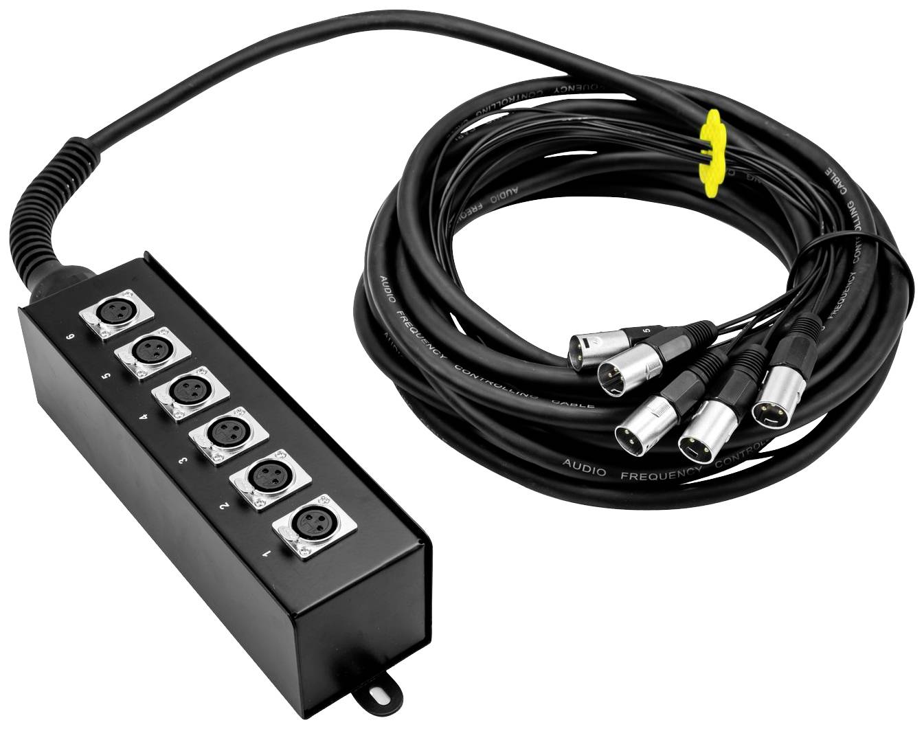 Kabelový box s šesti XLR konektory a dlouhým připojeným multicore kabelem, vhodný pro audio aplikace.