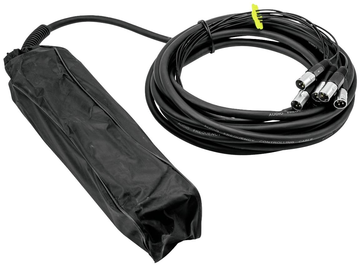Audiopřipojovací kabel se třemi XLR konektory a černým ochranným obalem pro mikrofony nebo zvukové systémy.