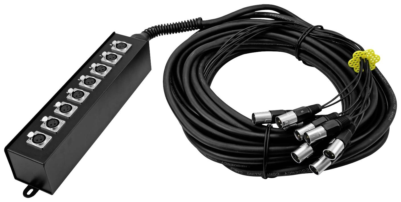 Dlouhý audiokabel s několika XLR konektory a černou připojovací skříňkou s osmi vstupy pro audio připojení.