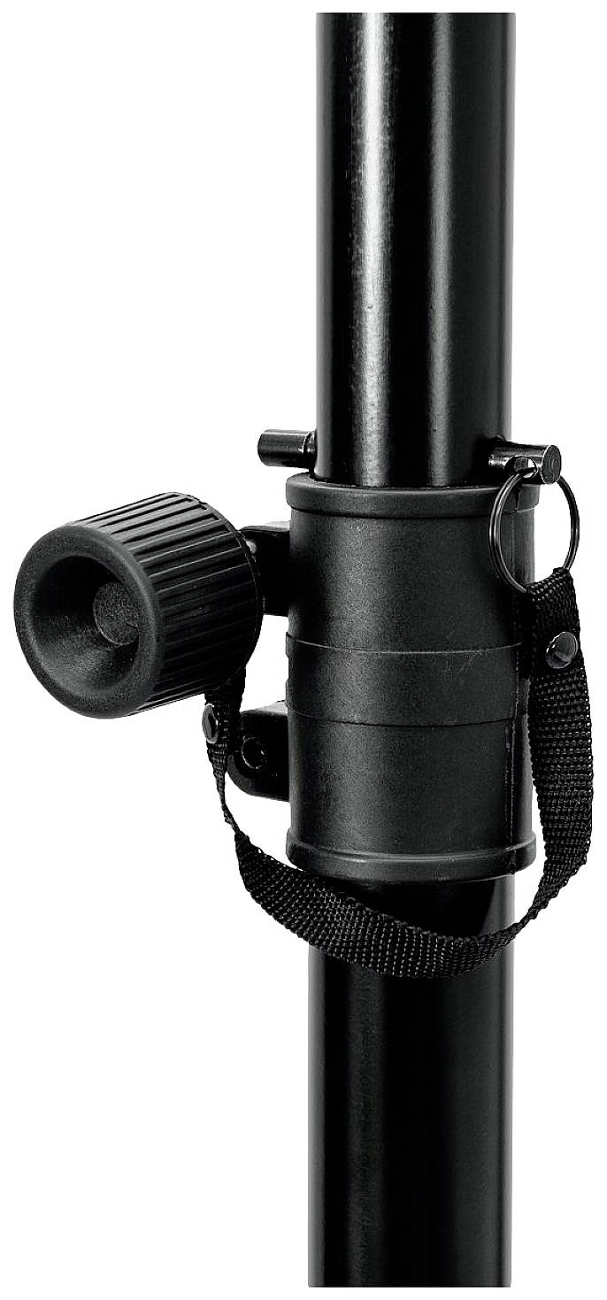 Černý stativ s nastavitelným otočným knoflíkem a upevňovacím popruhem. Ideální pro stabilizaci fotoaparátů nebo světel.
