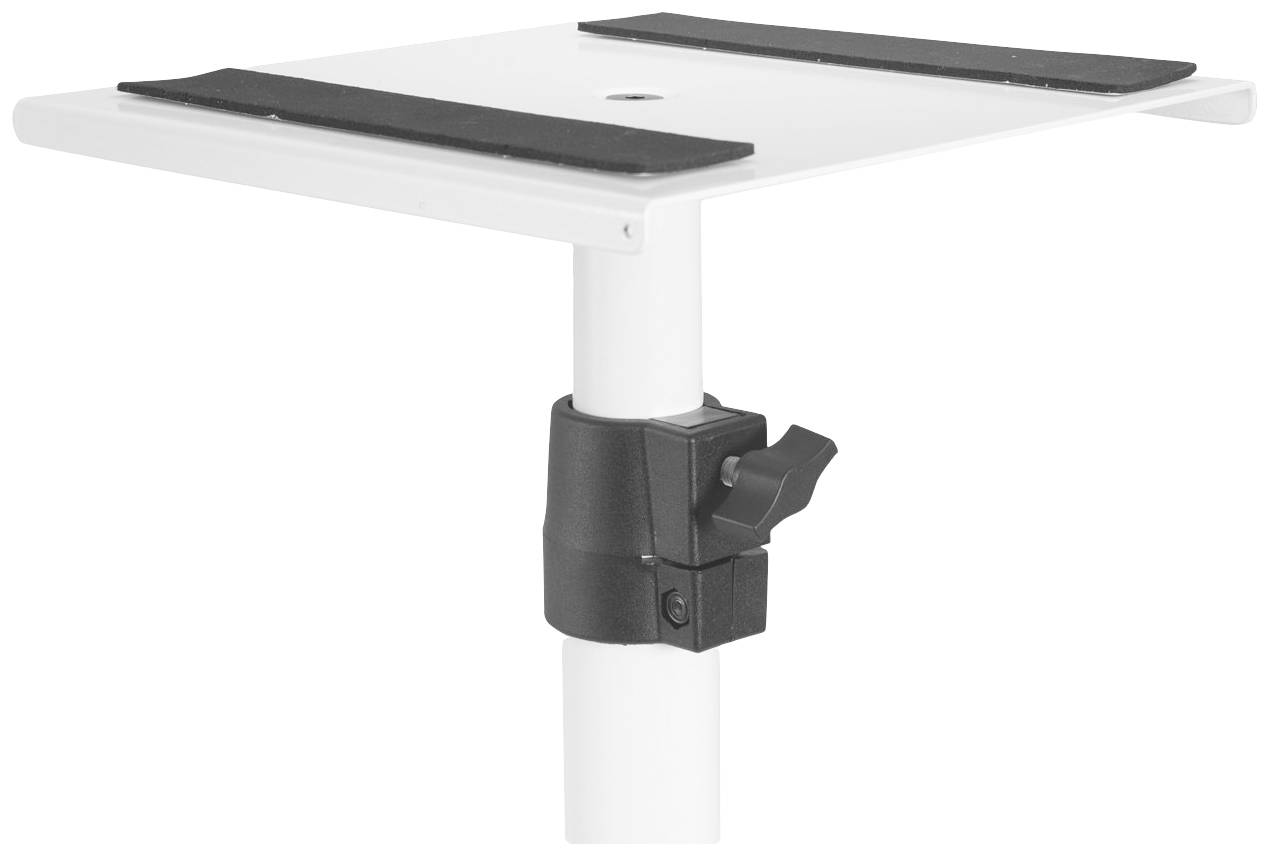 Bílý regál nebo podstavec namontovaný na nastavitelném sloupku s černým uzávěrem; použitelný pro prezentace nebo výstavy.
