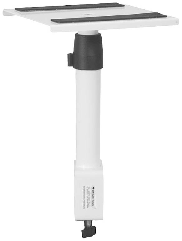 Nastavitelný mechanismus stolní nohy v bílé barvě, skládající se ze sloupku s černým otočným knoflíkem pro nastavení výšky, nahoře s obdélníkovou plošinou.