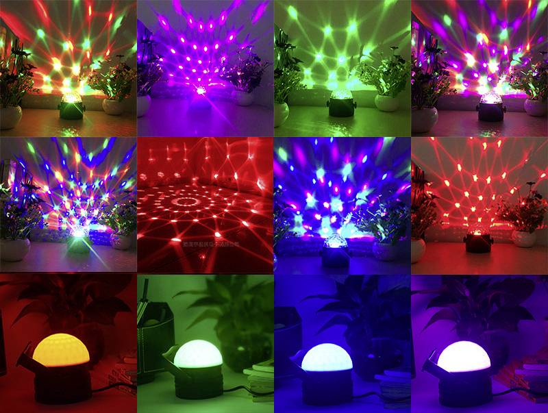 LED světelný projektor zobrazuje různé barevné světelné efekty na stěnách, hvězdné vzory v červené, zelené a modré obklopené rostlinami.