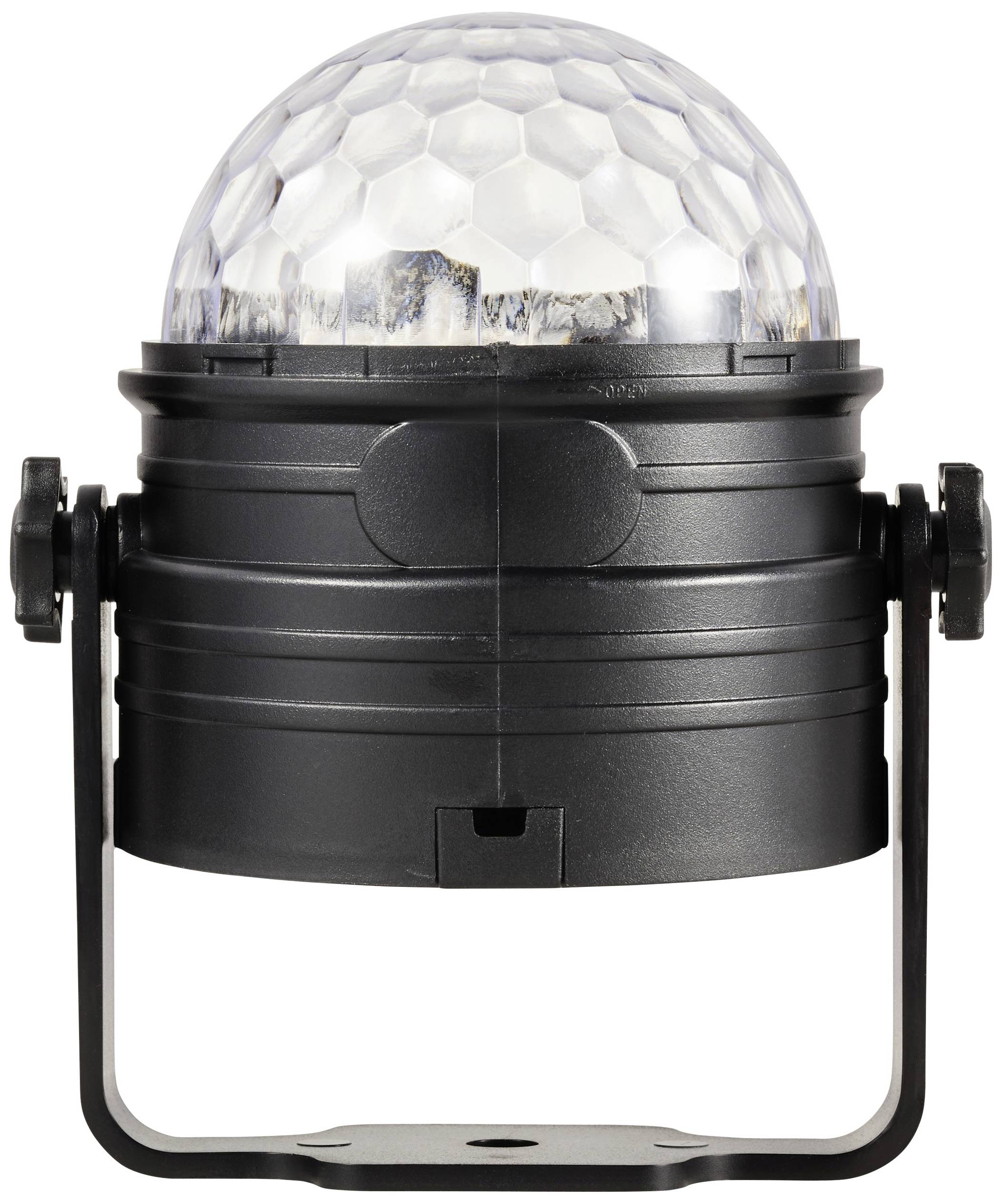 Černý LED světelný efekt s kupolovitým, průhledným krytem, vhodný pro jevištní nebo párty osvětlení.