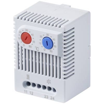 Šedý termostat se dvěma otočnými ovladači, červený pro topení a modrý pro chlazení, teplotní rozsahy od 0-60°C, přípojky dole.