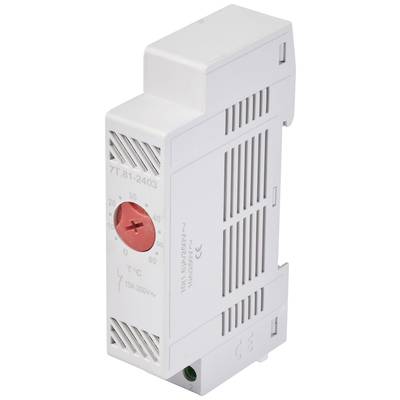 Bílý elektrický spínač s červeným nastavovacím kotoučem, který zobrazuje teplotní rozsah od -30 do +60 stupňů Celsia.