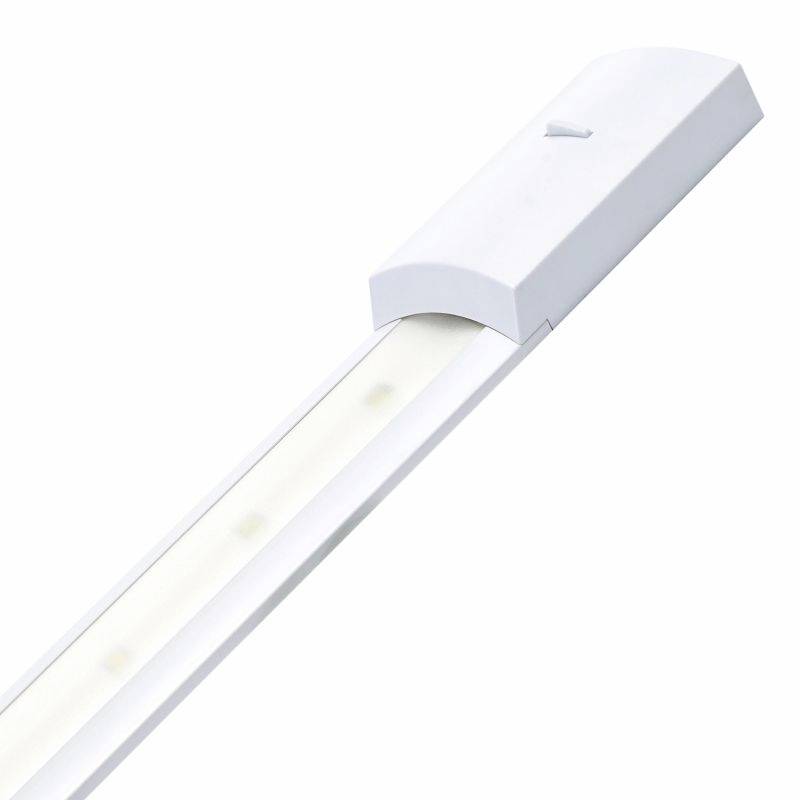 Bílá LED lišta s obdélníkovým pouzdrem, ohebným světelným pruhem a vypínačem, na bílém pozadí.