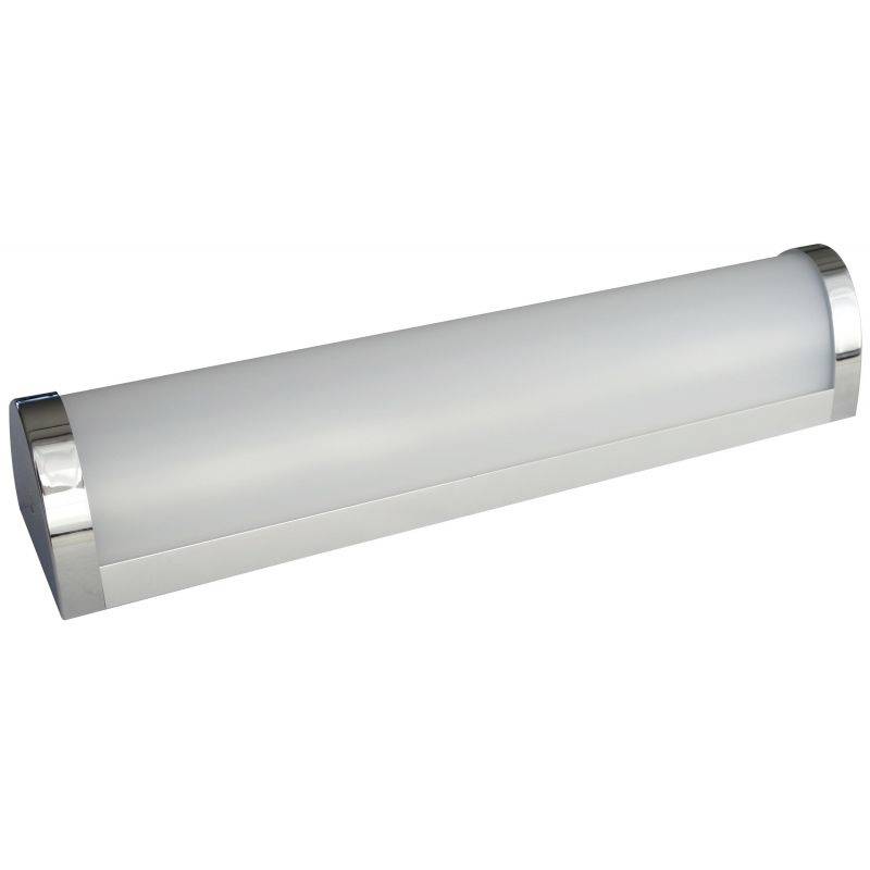 Moderní, protáhlé nástěnné svítidlo s tlumeným bílým světlem a chromovanými prvky na koncích. Ideální do koupelny nebo chodby.