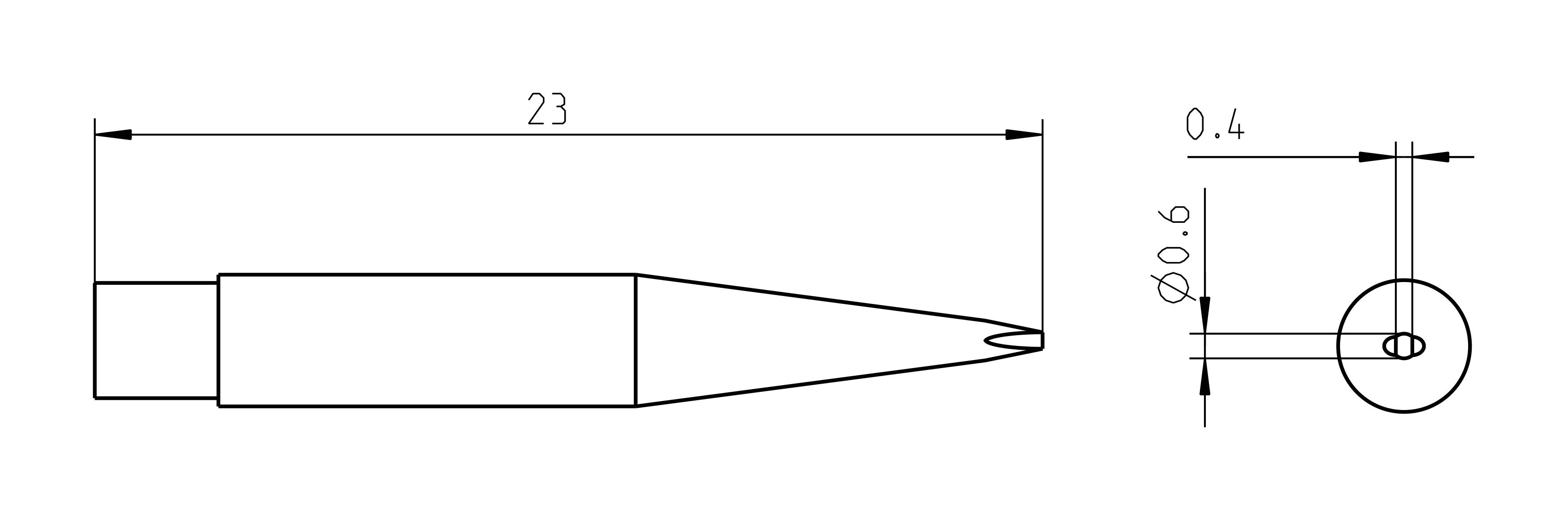 Technický výkres hrotu: délka 23 mm, přední průměr 0,6 mm, boční průměr 0,4 mm.