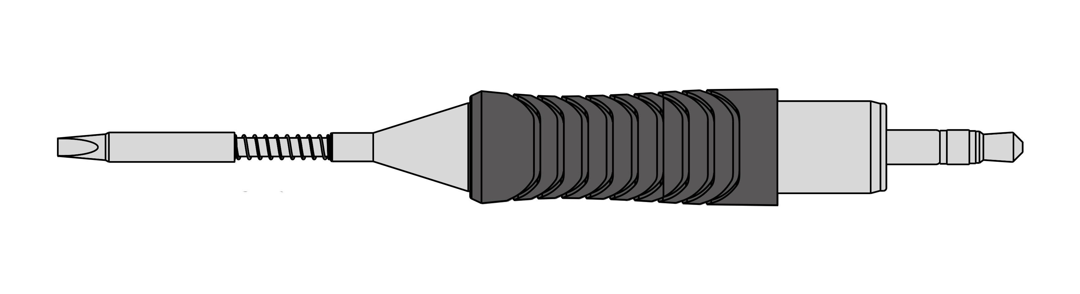 Diagram SATA napájecího konektoru s vlnovitým designem uprostřed a připojovacími body na obou koncích.
