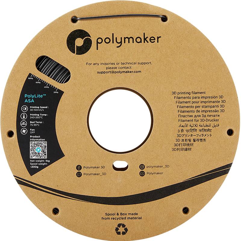 Polymaker 3D tiskový filament na cívce. Různé jazyky popisují materiál a jeho použití. Recyklovatelné.