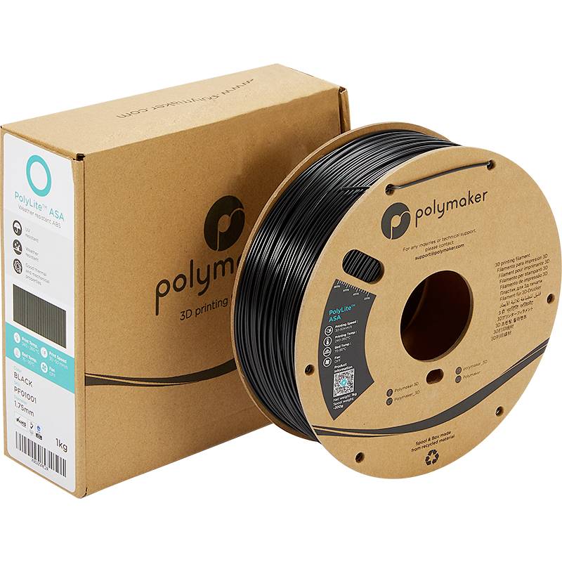 Polymaker 3D tiskové filament v černém ASA. Na cívce je napsáno 'PolyLite ASA', 1 kg, vhodné pro 3D tiskové projekty.