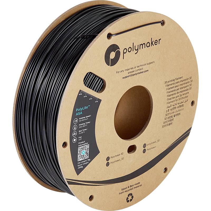 Cívka 3D tiskového filamentu s černým filamentem značky Polymaker, model PolyLite ASA. Produktové balení s logem značky a symbolem recyklace.