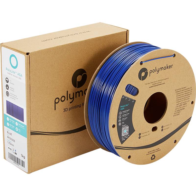 Role modrého 3D tiskového filamentu z ASA materiálu leží před balením značky Polymaker.