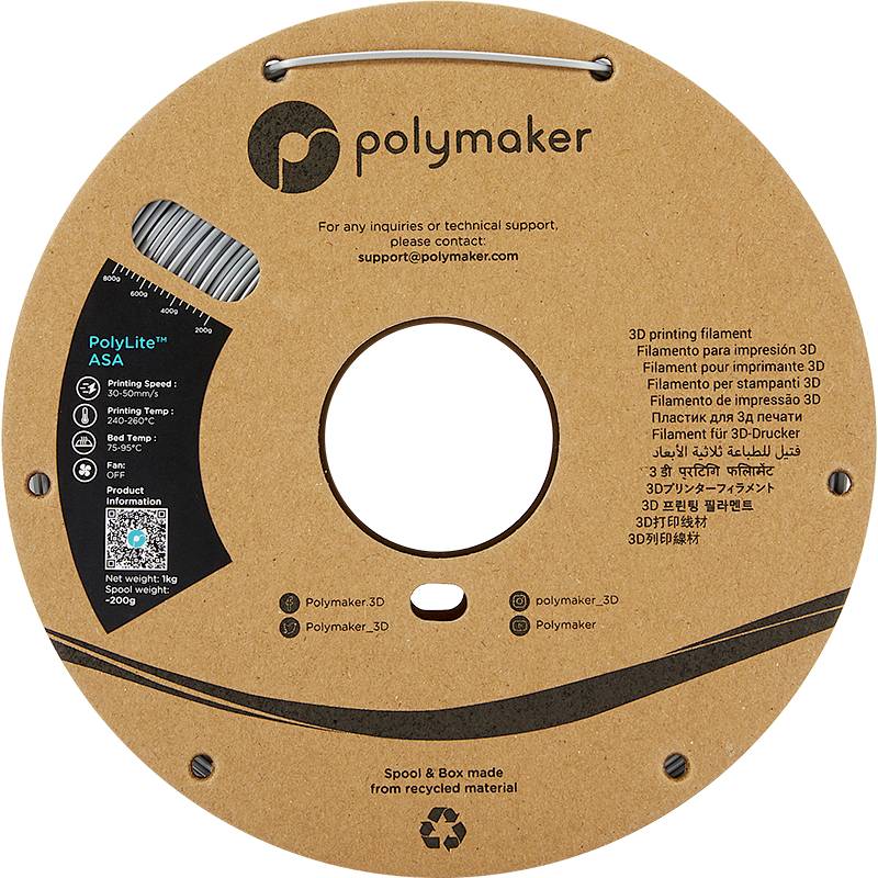 3D tiskové vlákno ASA od Polymakeru. Cívka je vyrobena z recyklovaného materiálu. Podpůrný e-mail: support@polymaker.com.