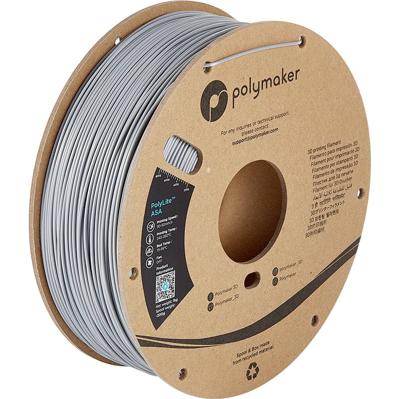 Cívka 3D tiskového filamentu od společnosti Polymaker, typ ASA, v šedé barvě. Obal zobrazuje technické detaily a recyklační symbol.