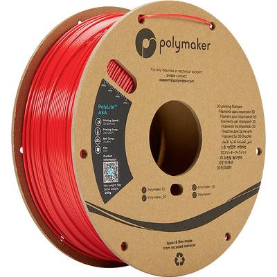 Role z červeného 3D tiskového filamentu od společnosti Polymaker, navinutá na papírové cívce. Nápis: 'PolyLite ASA'. Viditelné logo recyklovatelného materiálu.