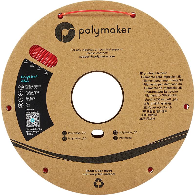 Kulatá cívka s červeným 3D tiskařským filamentem značky 'Polymaker'. Obsahuje kontaktní údaje a informace o produktu v angličtině.