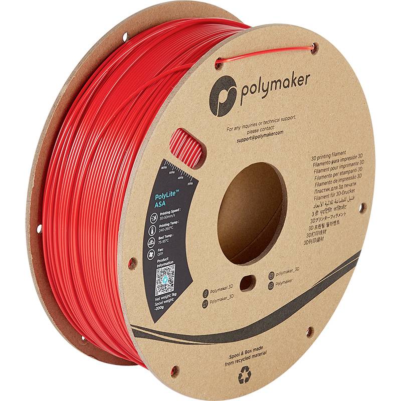 Role s červeným 3D tiskových vláknem značky Polymaker. Karton je hnědý s černým textem a symboly.