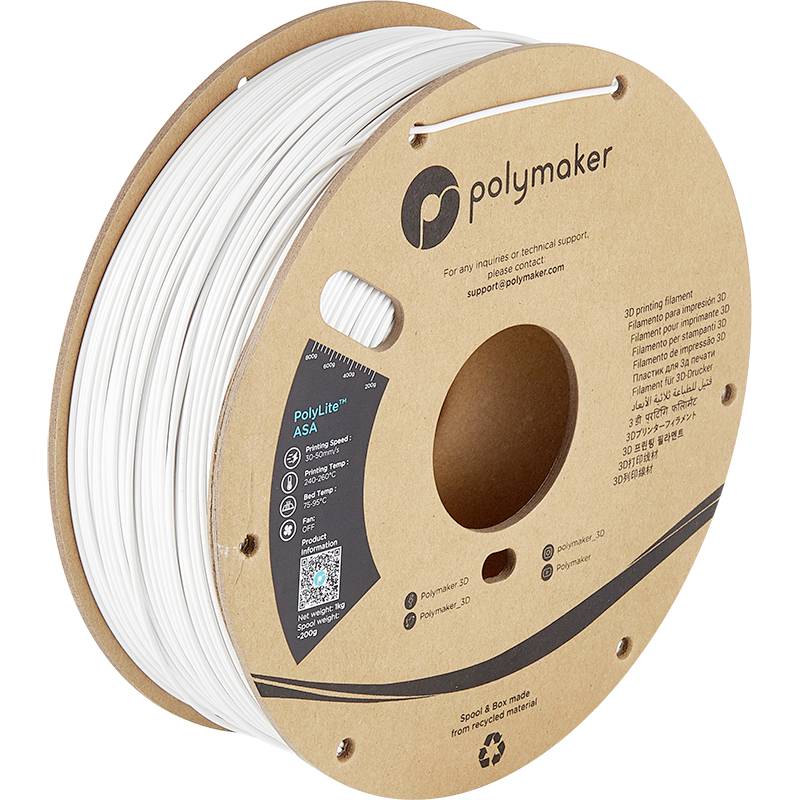 Cívka s bílým 3D tiskařským filamentem značky Polymaker. Kartonový štítek s detaily produktu a logy je viditelný.